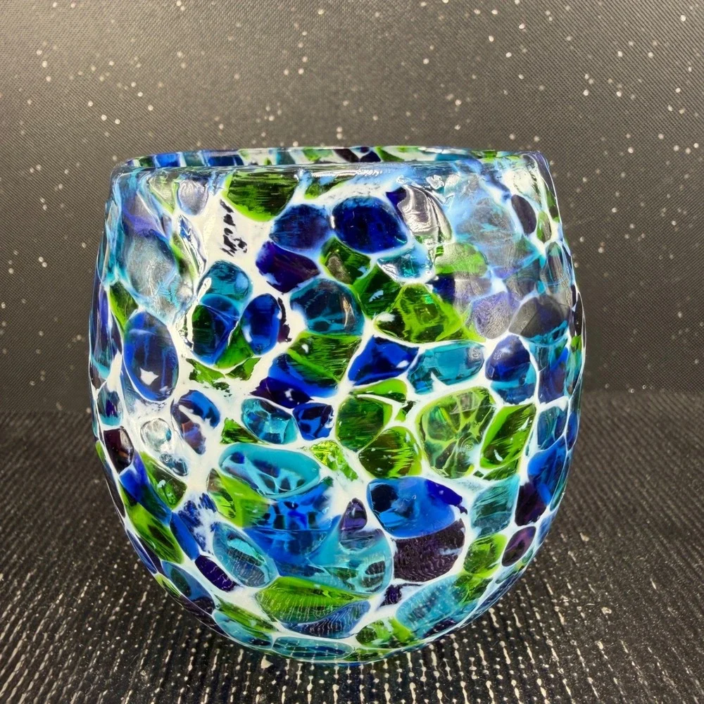 Hand Blown USA Glass Votive Holder Blue Green Purple Confetti Mosaic Cup Glass